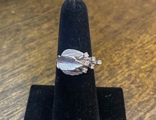 Art Deco 14k White Gold Natural Round Single Cut Diamond Leaf Cocktail Ring