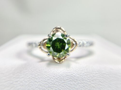 14k White Gold Natural Fancy Green Round Diamond Flower Engagement Ring