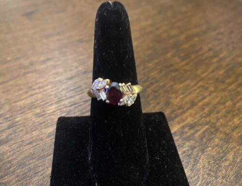 Vintage 14k Yellow Gold Natural Marquise Diamond Oval Garnet Statement Ring