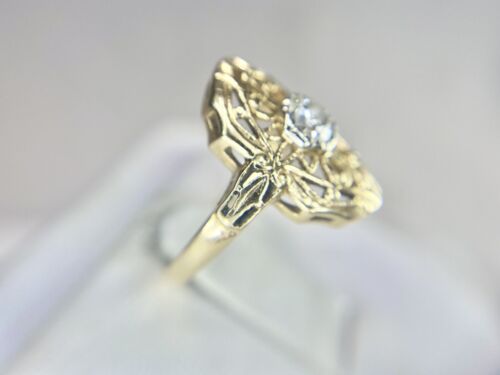 Art Deco 14k Yellow Gold Old European Diamond Filigree Shield Engagement Ring 