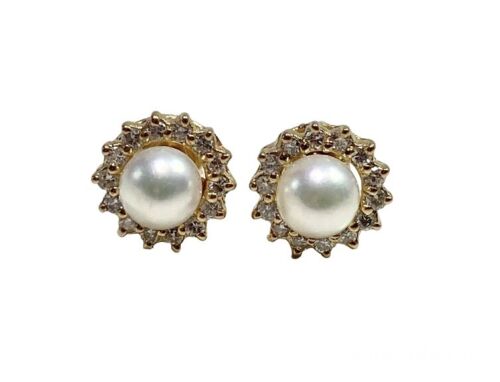 Vintage 14k Yellow Gold White Round Pearl Halo Natural Diamond Stud Earrings