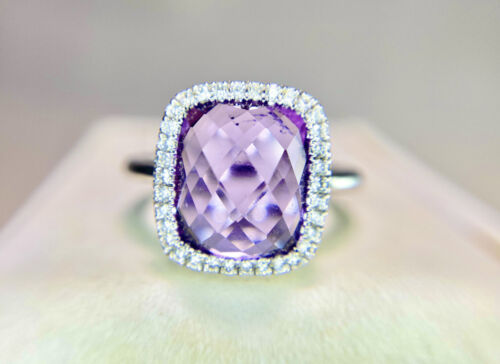 14k White Gold Designer Natural Purple Amethyst Round Diamond Halo Cocktail Ring