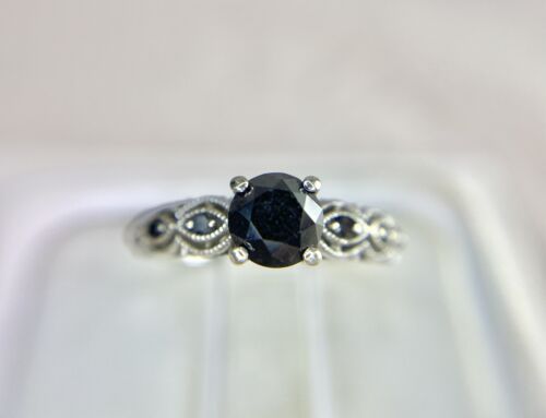 14k White Gold Natural Round Shape Black Color Diamond Engagement Ring 1.25 ct