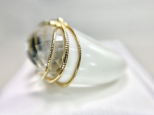 14k Yellow Gold Designer White Ceramic Faceted White Crystal Cocktail Ring