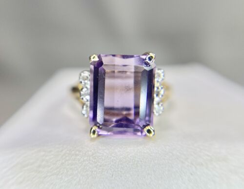 Vintage 14k Yellow Gold Emerald Cut Purple Amethyst Round Diamond Ring