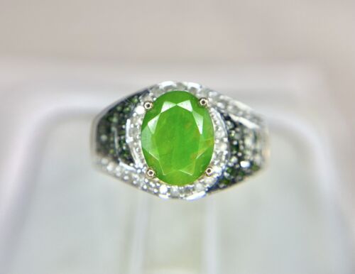 10k Yellow Gold Designer Oval Green Stone Round Blue Diamond Cocktail Ring