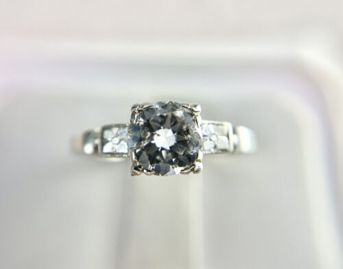 Vintage Art Deco 14k White Gold Round Old European Diamond Engagement Ring 