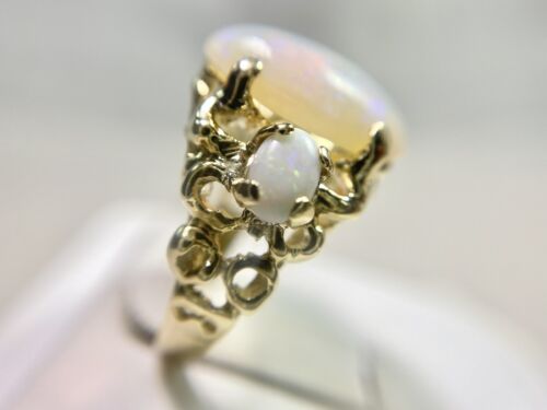 Vintage 14k Yellow Natural Oval Ethiopian White Opal Big Filigree Cocktail Ring