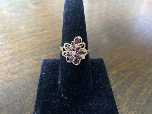 Vintage 14k Yellow Gold Natural Marquise Red Ruby Round Diamond Cocktail Ring