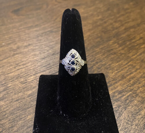 Art Deco Signed 18k White Gold Blue Sapphire Round Diamond Small Cocktail Ring