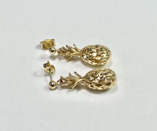 Vintage 14k Yellow Gold Handcrafted Pineapple Dangle Drop Earrings