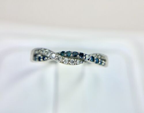 10k White Gold Natural Fancy Blue Color Round Diamond Wedding Band Stack Ring