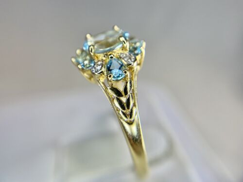 Vintage 14k Yellow Gold Natural Sky Blue Oval Topaz Round Diamond Filigree Ring