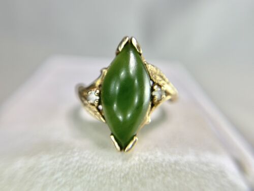 Vintage Designer 10k Yellow Gold Marquise Shape Dark Green Jade Ring