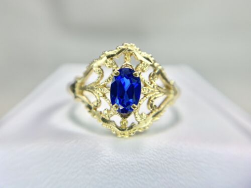 Vintage 14k Yellow Gold Oval Lab Created Blue Sapphire Filigree Cocktail Ring