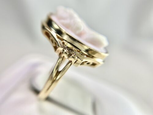 Vintage Art Deco 10k Yellow Gold Oval Light Pink Lady Cameo Big Cocktail Ring