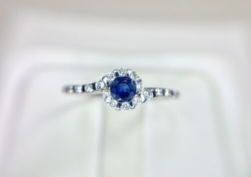 18k White Gold Natural Round Blue Sapphire Diamond Halo Bypass Ring