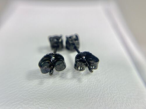 Vintage 14k White Gold Black Natural Round Brilliant Black Diamond Stud Earrings