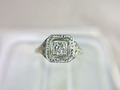 Art Deco 18k White Gold Signed Old European Diamond Filigree Engagement Ring