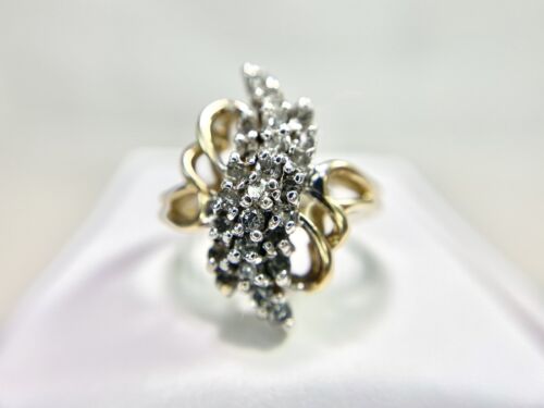 Vintage 10k Yellow Gold Natural Round Diamond Cluster Cocktail Statement Ring