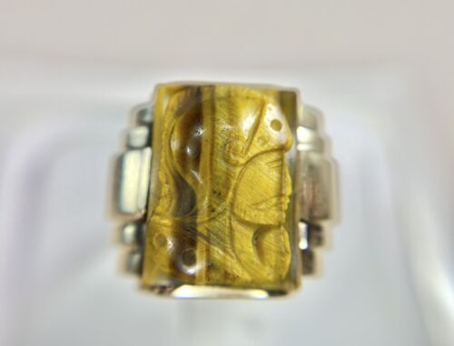 Vintage 10k Yellow Gold Intaglio Tiger eye Gemstone Cameo Big Cocktail Ring