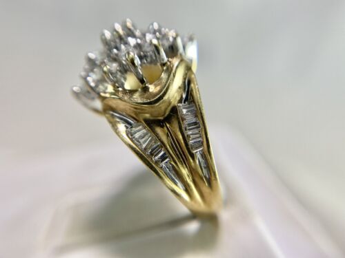 Vintage Retro 10k Yellow Gold Natural Round Baguette Cut Diamond Cocktail Ring