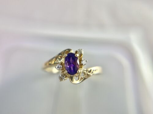 14k Yellow Gold Oval Purple Amethyst Round Diamond Filigree By-Pass Ring