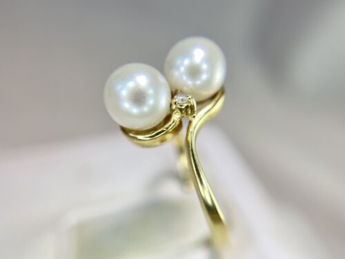 Vintage 14k Yellow Gold Round Diamond White Cultured Double Pearl Cocktail Ring