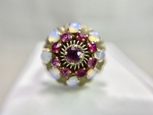 Vintage 14k Yellow Gold Round Red Pink Ruby White Opal Big Cocktail Ring