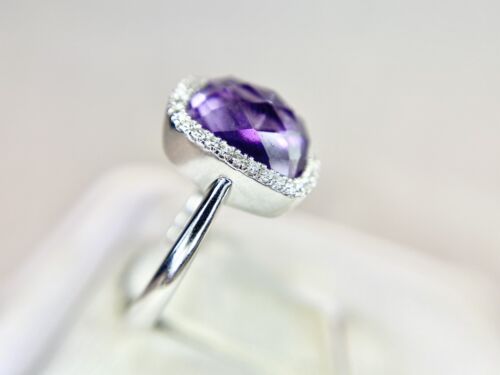 14k White Gold Designer Natural Purple Amethyst Round Diamond Halo Cocktail Ring