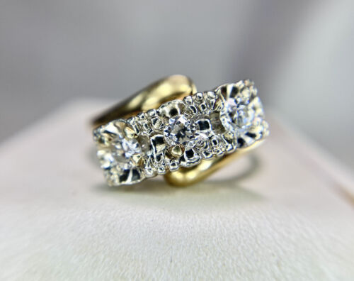 Art Deco 14k Yellow Gold Old European Round Diamond Three Stone Engagement Ring