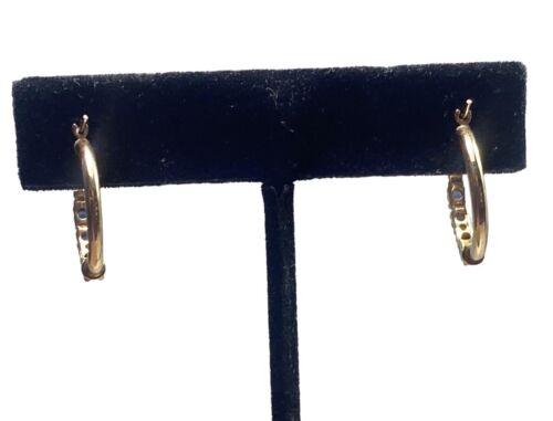 Vintage 10k Yellow Gold Round Blue Sapphire Diamond Small Hoop Earrings