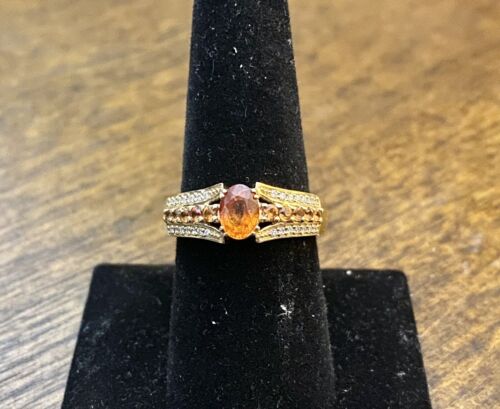 Vintage 14k Yellow Gold BH Effy Natural Oval Orange Sapphire Round Diamond Ring