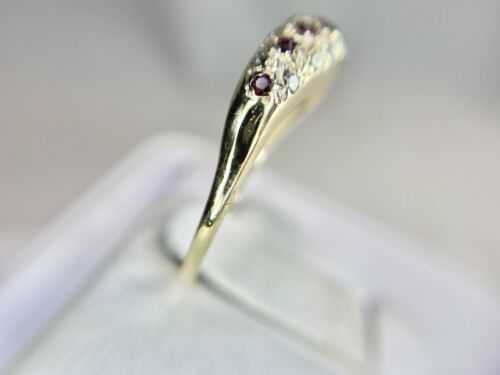 Vintage 14k Yellow Gold Red Ruby Round Diamond Curved Ring Band 1/4 ct