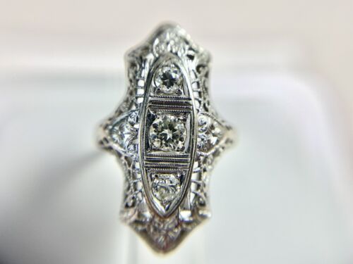 Art Deco 18k White Gold Natural Old European Diamond Shield Cocktail Ring