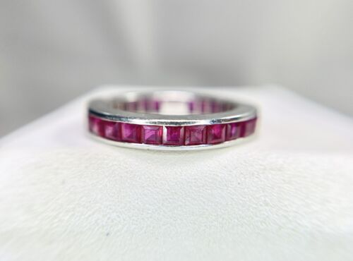 Vintage Art Deco 18k White Gold Natural Square Red Ruby Eternity Band Ring