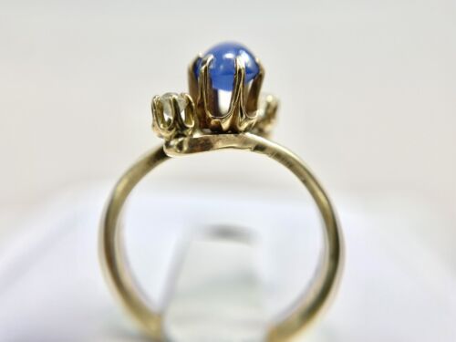 Victorian 14k Yellow Gold Round Blue Cabochon Sapphire Old European Diamond Ring