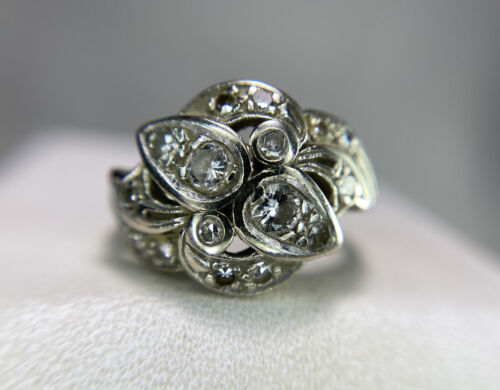 Vintage Antique 14k White Gold Round Diamond Small Cocktail Ring 1/3 ct