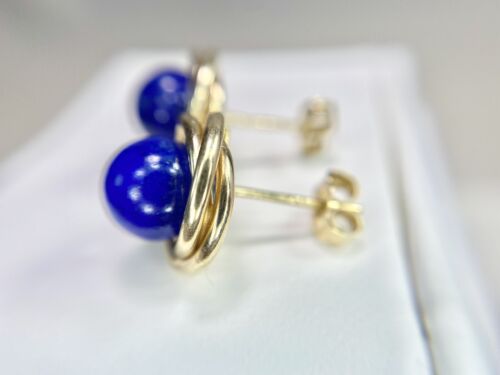 Vintage 14k Yellow Gold Handcrafted Natural Round Lapis Lazuli Stud Earrings