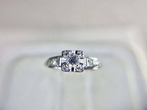 Vintage Art Deco 14k white Gold Natural Round Diamond Small Engagement Ring