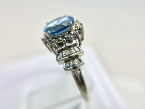 Vintage 10k White Gold Oval Blue Topaz Baguette Round Diamond Halo Cocktail Ring