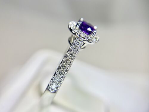 10k White Gold Natural Round Purple Amethyst Diamond Halo Engagement Ring