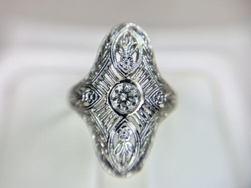 Art Deco 14k White Gold Natural Round Diamond Filigree Small Shield Ring