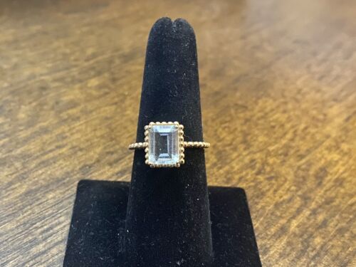 10k Yellow Gold Designer Signed Emerald Cut Light Blue Aquamarine Ring