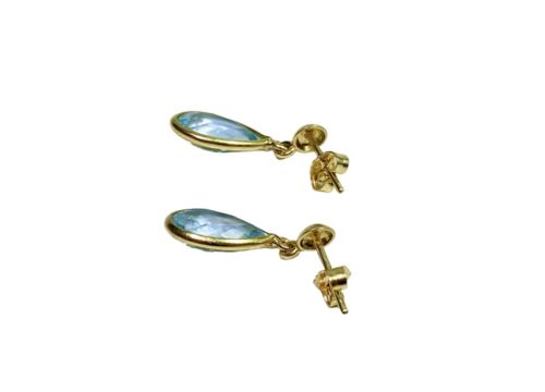 Vintage 18k Yellow Gold Natural Pear Shape Blue Topaz Bezel Set Dangle Earrings