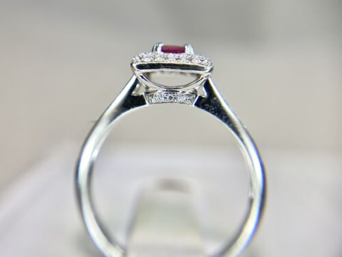 14k White Gold Natural Square Red Ruby Round Diamond Pave Halo Ring