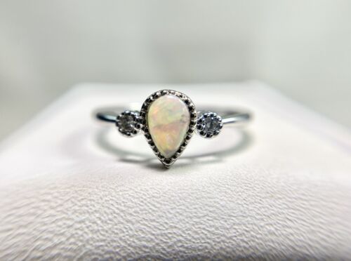 14k White Gold Designer Pear Shape Opal Natural Round Diamond Ring