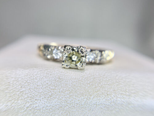 Vintage 14k Yellow Gold Round Natural Diamond Small Classic Engagement Ring