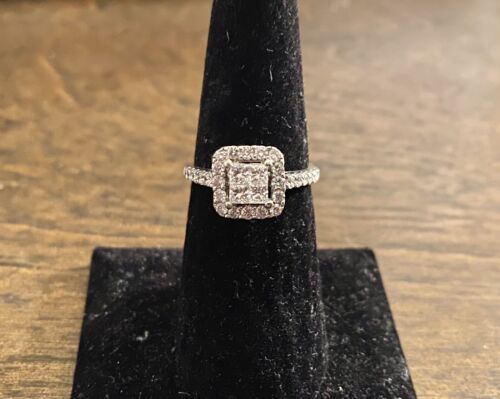 14k White Gold Princess Cut Diamond Invisible Set Cluster Halo Engagement Ring