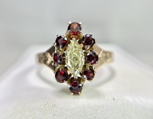 Victorian Era 10k Rose Gold Natural Marquise Diamond Red Garnet Engagement Ring